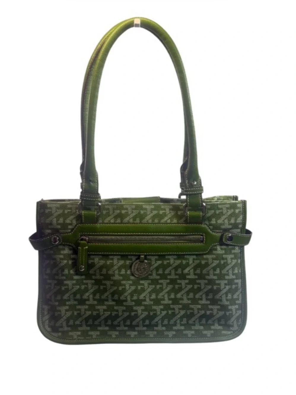 Vintage Izod Monogram Canvas and Leather Trim Green Hobo/Satchel Bag.